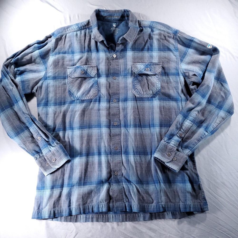 Kuhl Dillingr Mens XL Flannel Shirt Blue Plaid Long Sleeve Button Up 7186 22F